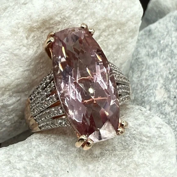 Morganite Cushion Cut Ring Rose Gold Over Sterling CZ Pave Size 7 - Picture 15 of 17